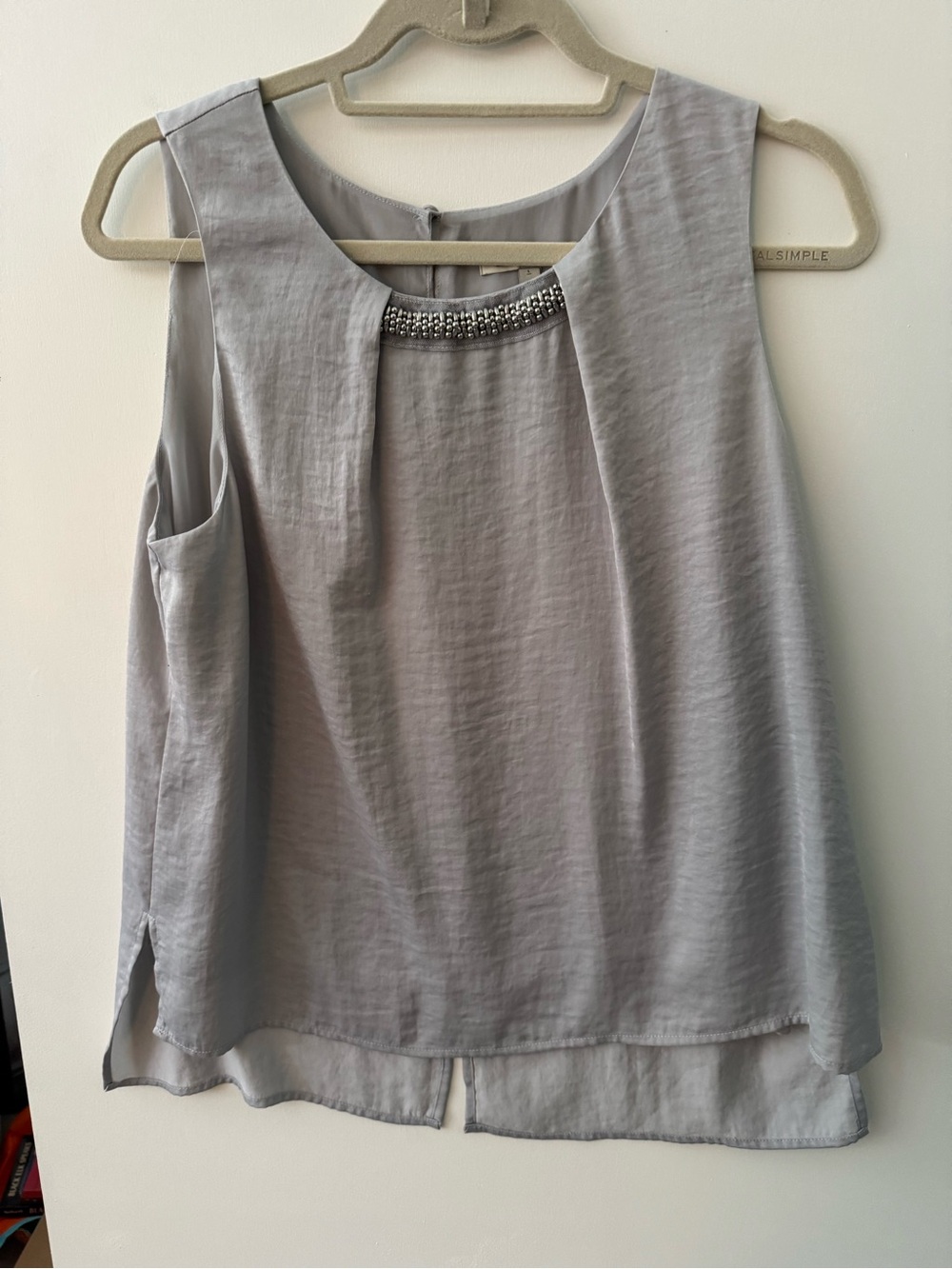 Sleeveless Beaded Trim Women’s SleevelessBlouse, High-Low Hem- Silvery Gray